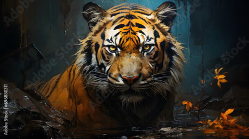 Tiger in the Dark Forest Background.