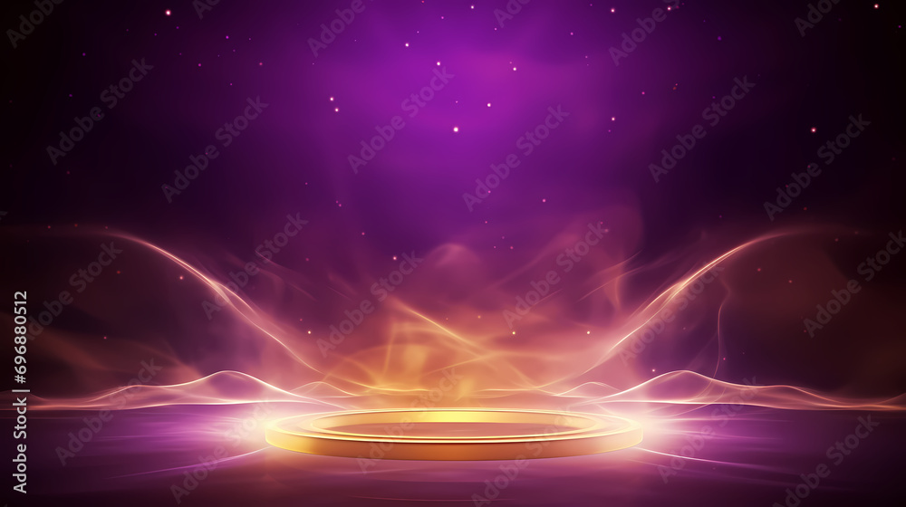 Empty purple and gold festival stage with twinkling lights and smoke, festive festive background