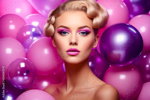 Woman with pink makeup and purple balloons around her. © valentyn640