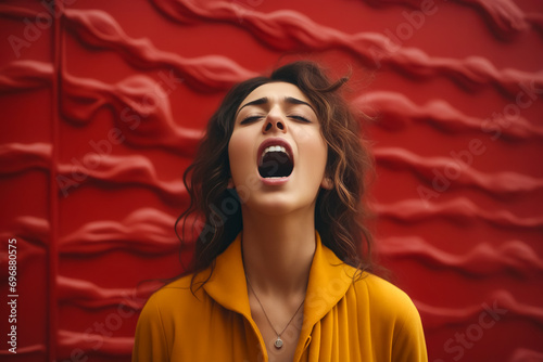 Woman with her mouth open and her eyes closed. photo