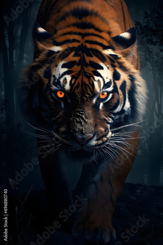 Tiger in the Shadows with Piercing Eyes, Emerging from the Darkness with Ground Fog and a Dark Forest Background at Night.