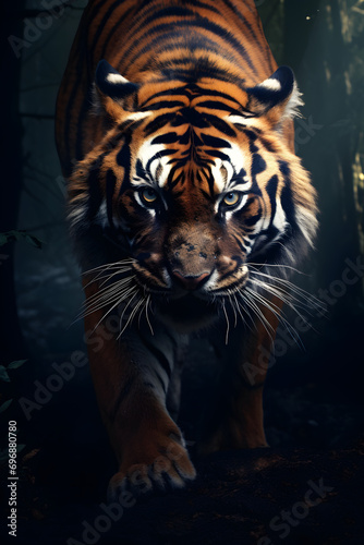 Tiger in the Shadows with Piercing Eyes  Emerging from the Darkness with Ground Fog and a Dark Forest Background at Night.