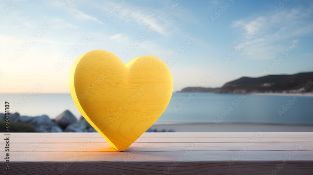 Fototapeta premium Close up of a light yellow wooden Heart in front of a beautiful Seascape. Blurred natural Background
