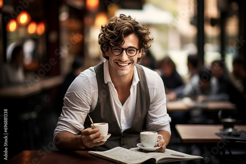 The affable young man with lively eyes and classic spectacles reads the newspaper  smiling as he pours himself another cup of his favorite coffee at a street-side cafe.