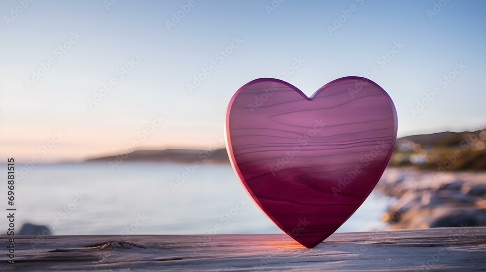 Fototapeta premium Close up of a magenta wooden Heart in front of a beautiful Seascape. Blurred natural Background
