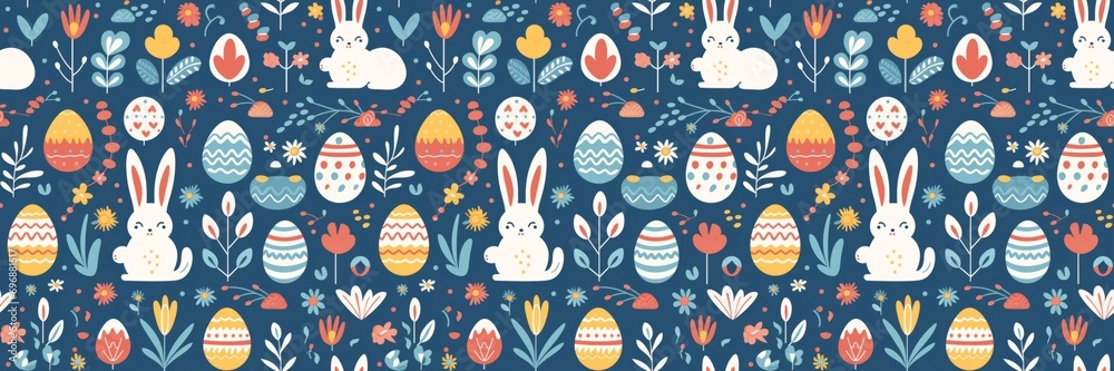 Happy easter motive texture, seamless pattern banner wallpaper, abstract texture illustration cartoon - Rabbits, easter bunny, easter eggs and flowers, isolated on blue background Happy easter motive texture, seamless pattern banner wallpaper, abstract texture illustration cartoon - Rabbits, easter bunny, easter eggs and flowers, isolated on blue background