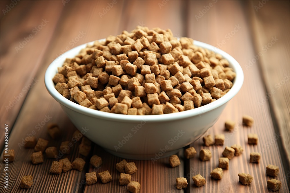 A small puppy eats food from a bowl. The puppy is smiling and lying on the floor, generative AI A small puppy eats food from a bowl. The puppy is smiling and lying on the floor, generative AI