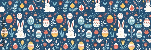 Happy easter motive texture, seamless pattern banner wallpaper, abstract texture illustration cartoon - Rabbits, easter bunny, easter eggs and flowers, isolated on blue background
