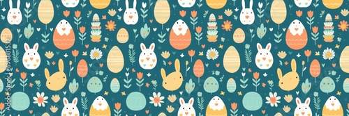 Happy easter motive texture  seamless pattern banner wallpaper  abstract texture illustration - Rabbits  easter bunny  easter eggs and flowers  isolated on blue background