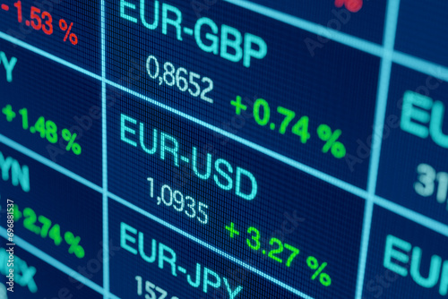 Currency exchange rates, US Dollar, Euro and British pound. EUR moving up against USD. 3D illustration