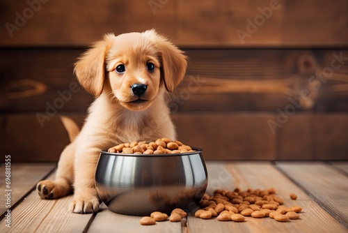 A small puppy eats food from a bowl. The puppy is smiling and lying on the floor  generative AI