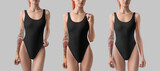 Mockup of a black one piece swimsuit on a slender girl, front view. Fashionable women's bodysuit template, isolated on background. Set