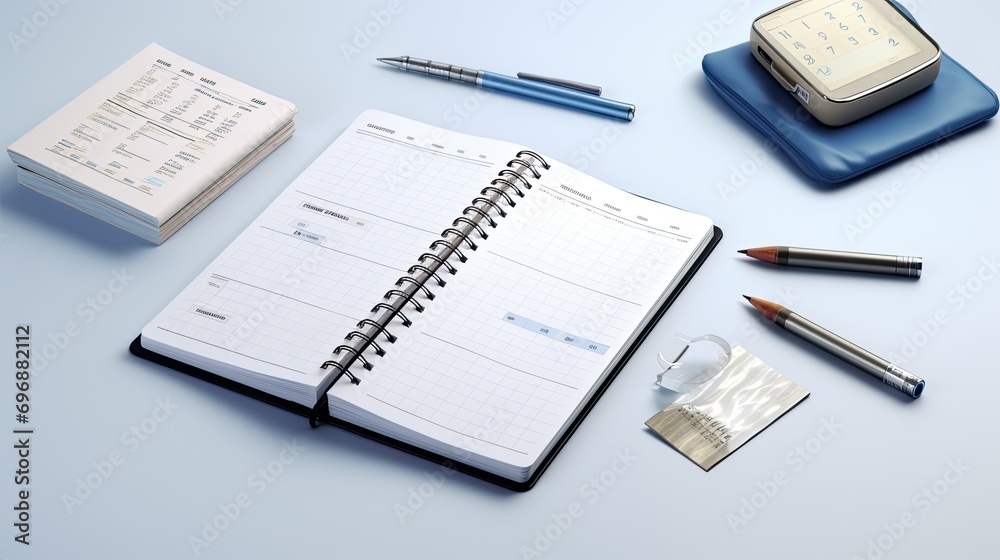 open notebook on the desktop, a pen for writing, glasses, a coffee mug and other stationery items, generative AI