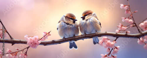 Two small birds on the branch in a garden © May