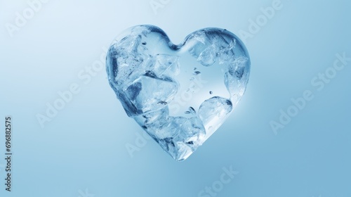 Ice cube in the shape of a heart. Frozen water on a blue background. Icy love.