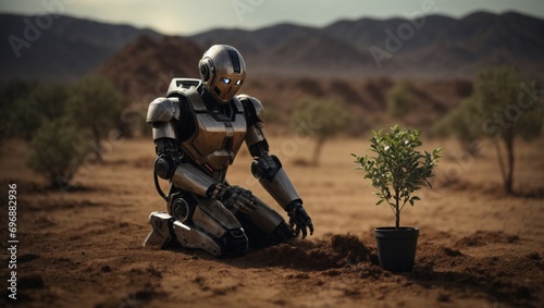 Cybernetic Cultivation, A Robotic Planter Amidst Desolate Realms photo