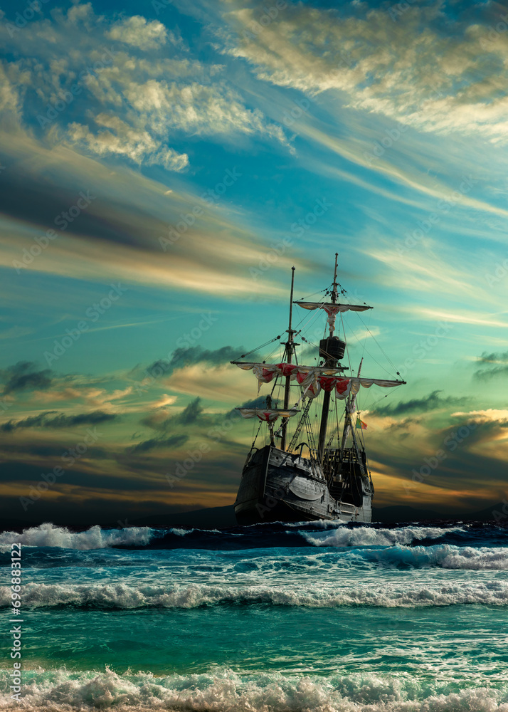 Grand view of an old sailing ship from the times of pirates and the Middle Ages on the high seas with big waves and with a beautiful sky
