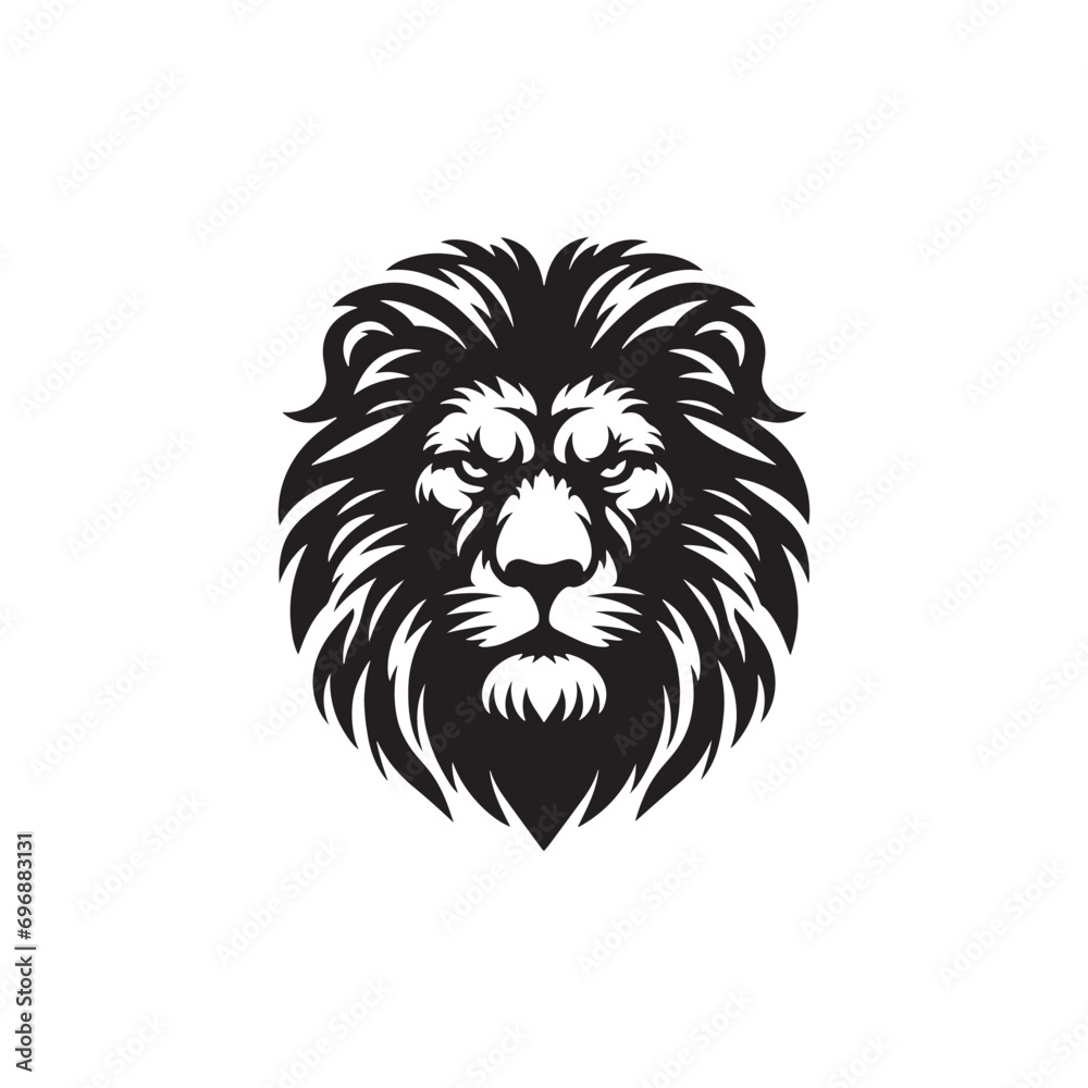 Fototapeta premium The Elegant Power of a Roaring King: Lion Face Silhouette Featuring Majestic Mane, Dominant Roar, and Piercing Eyes in Striking Black and White 