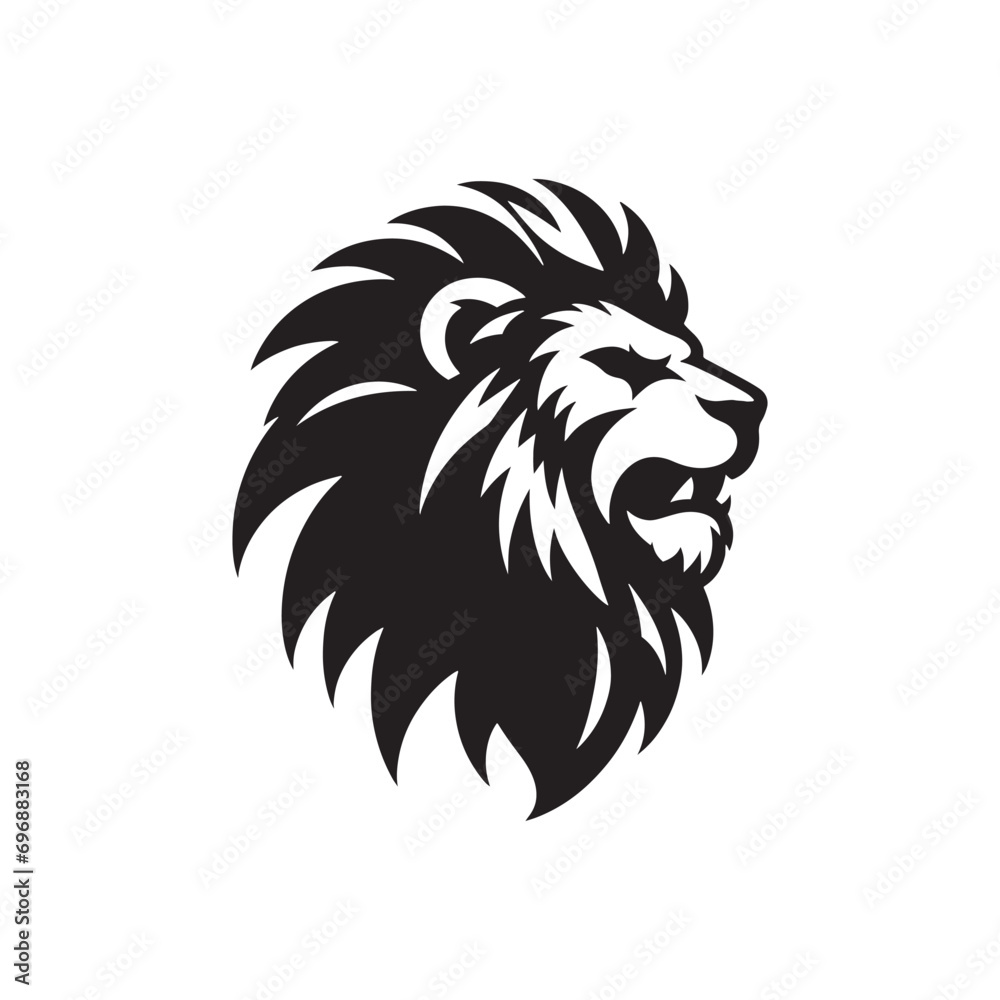 A Captivating Black and White Composition: Lion Face Silhouette Depicting the Regal Power, Majestic Mane, and Fierce Gaze
