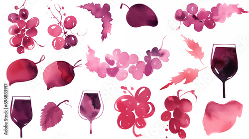 Ilustração manchas de vinho uvas e taças isoladas no fundo branco - papel de parede minimalista com o tema vinho