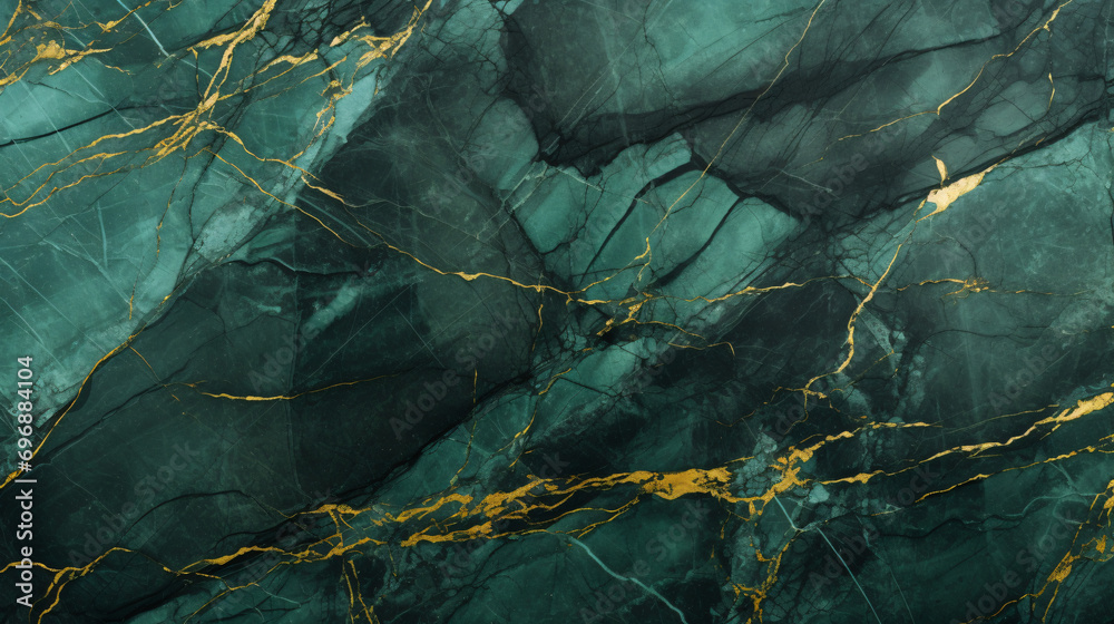 Polished Green marble texture background with cracked gold veins details, space for text
