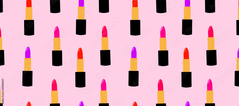 Lipsticks of different colors on a pink background seamless pattern. Vector illustration for women's day. Useful for invitations, scrapbooking, design. Lipsticks of different colors on a pink background seamless pattern. Vector illustration for women's day. Useful for invitations, scrapbooking, design.