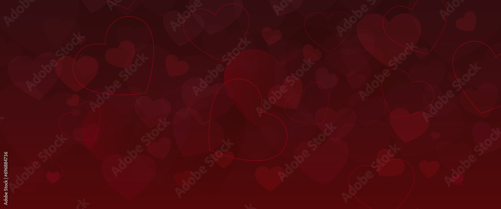Valentines greeting card banner with falling hearts and bokeh on red background