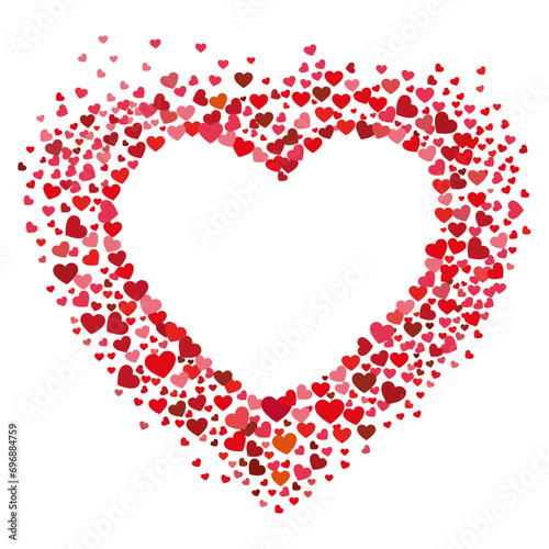 Valentines Day card with heart made of many small shapes in different red tones, vector illustration with isolated background for your own design