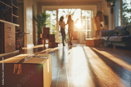 Young couple moving in a new house. Living room apartment interior with cardboard boxes and potted plants. Rental market concept