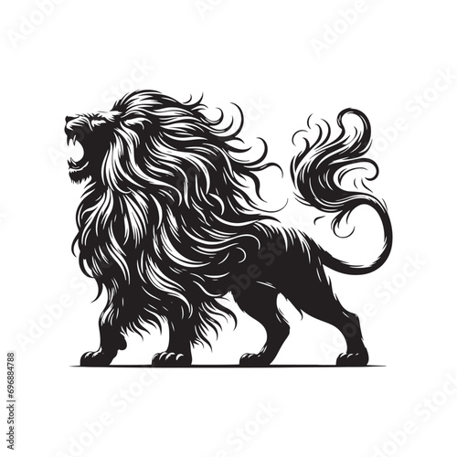 Fototapeta Naklejka Na Ścianę i Meble -  Lion Roaring Silhouette: Untamed Roar's Shadow, Bold Mane in Striking Outline, Jungle Sovereign Echoing in Darkened Form - Roaring Lion Silhouette
