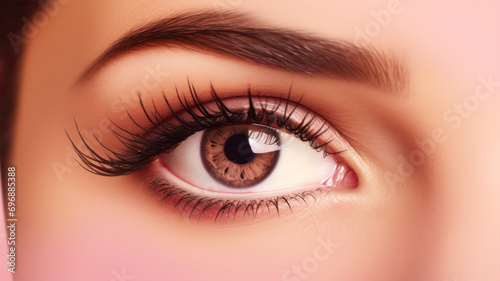 Close-up of a beautiful woman's eye with long eyelashes.