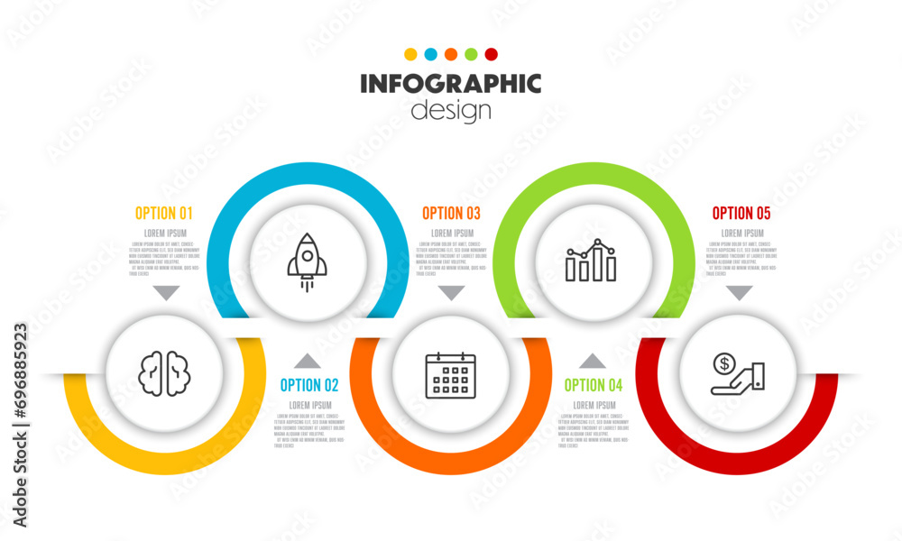Vector business data visualization, process diagram graph with 5 options. Business template timeline for presentation, creative ideas. Vector business data visualization, process diagram graph with 5 options. Business template timeline for presentation, creative ideas.