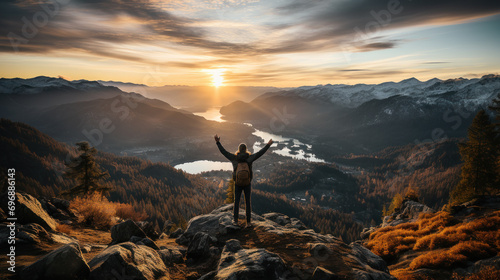 Man traveler on mountain summit enjoying nature. Generative AI