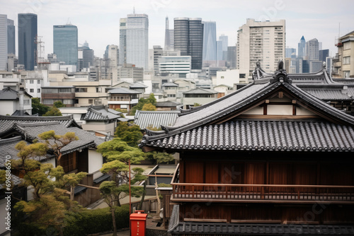 Traditional Japanese architecture juxtaposed against modern cityscape  with room for a message on preserving heritage