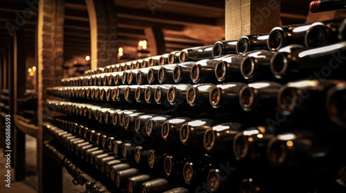 wine bottles in wooden rack in wine cellar © PaulShlykov