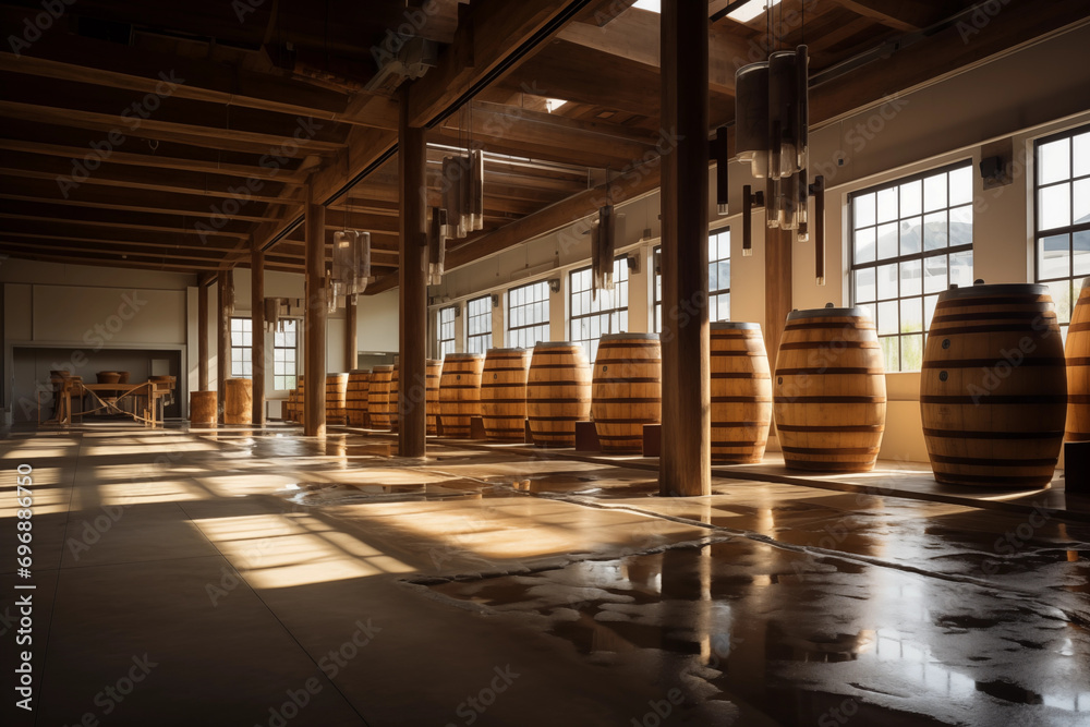 Sake brewery interior or rice fields, allowing room for a statement on craftsmanship and tradition