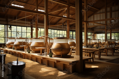 Sake brewery interior or rice fields, allowing room for a statement on craftsmanship and tradition photo