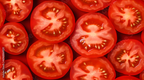 Top View Full Frame of Fresh Tomato Fruit Slices, Creating a Vibrant and Summery Visual Feast. © Akash