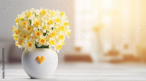 Vase of flowers with daffodils on a white table. photo