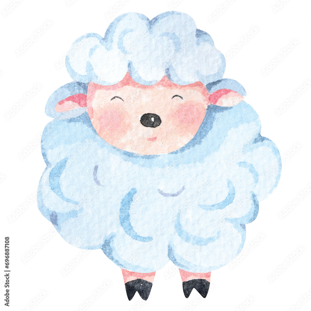 Cartoon cute sheep painted in watercolor.Lamb illustration.Farm animals.Suitable for children.