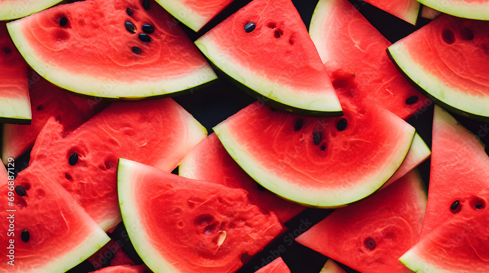 Top View Full Frame of Fresh Water Melon Fruit Slices, Creating a Vibrant and Summery Visual Feast. Top View Full Frame of Fresh Water Melon Fruit Slices, Creating a Vibrant and Summery Visual Feast.