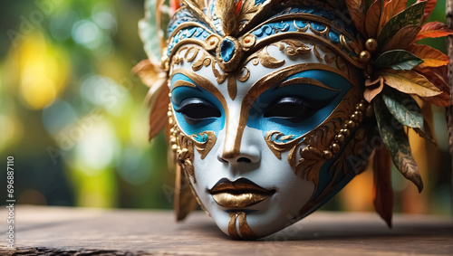 Beautiful Venetian mask on wooden table with bokeh background. Generative Ai © Alexandra