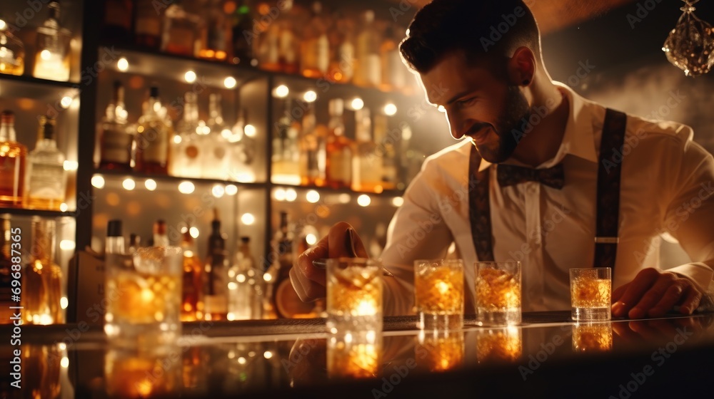 Mixology in Action. Bartender Pouring Alcohol into Glasses, Lifestyle Concept. Bartender Crafting Drinks. Pouring Alcohol, Serving Customers, Lifestyle Scene. Mixology in Action. Bartender Pouring Alcohol into Glasses, Lifestyle Concept. Bartender Crafting Drinks. Pouring Alcohol, Serving Customers, Lifestyle Scene.