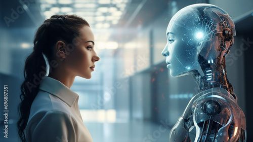 A girl talks to artificial intelligence in the form of a robot. photo