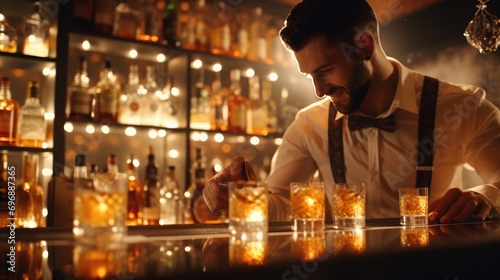 Mixology in Action. Bartender Pouring Alcohol into Glasses, Lifestyle Concept. Bartender Crafting Drinks. Pouring Alcohol, Serving Customers, Lifestyle Scene.
