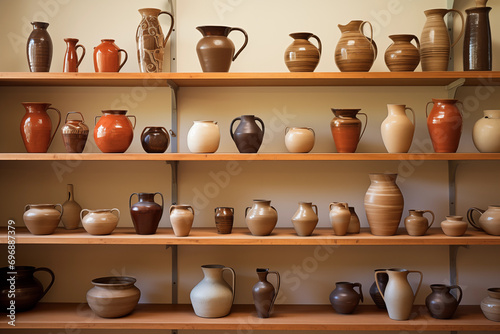 Handcrafted pottery or ceramics display, allowing space for commentary on craftsmanship