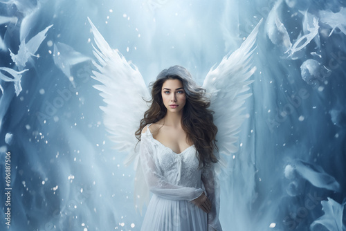 portrait of a beautiful angel woman with winter background