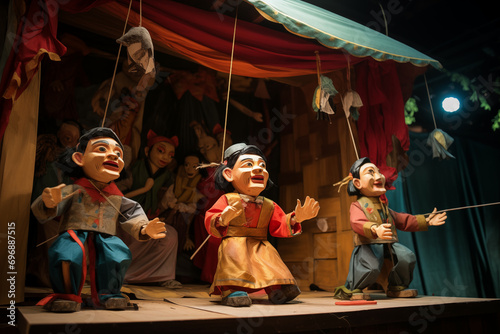 A scene from a traditional puppet theater performance, allowing space for insights into storytelling