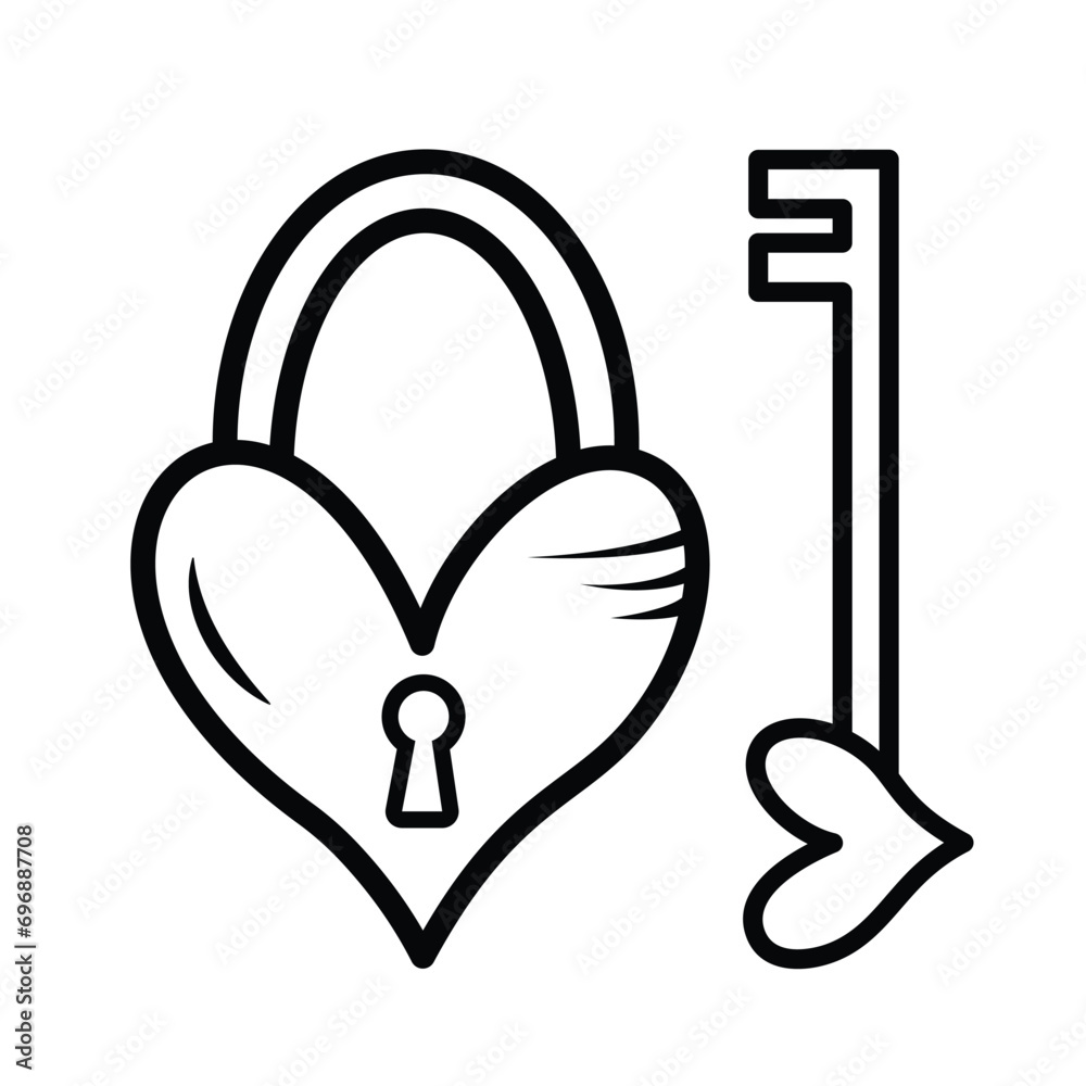 Heart shaped padlock and key vector illustration icon with black ...