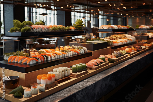 Sushi bar ambiance with a variety of rolls on display, allowing space for a note on sushi culture